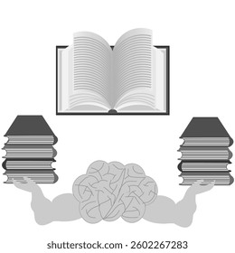 Vector graphics. Abstraction. Education. On a white background, the brain holds stacks of books on two strong hands. An open book lies in front of it.
