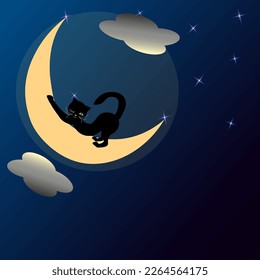 Vector graphics. Abstraction. Good night. There are clouds and a bright moon in the dark starry sky. On the moon, a black cat stretches, with one eye open and the other closed.