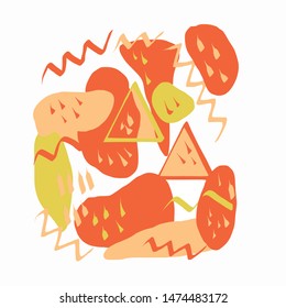 vector graphics abstraction in memphis style. orange yellow autumn color. spots, lines, triangles, strokes