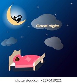 Vector graphics. Abstraction. Night. The moon shines brightly, on which the black cat stretches. Downstairs, a girl sleeps on a bed under a pink blanket. Above is the inscription "Good night".
