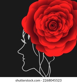 Vector graphics. Abstraction. On a black background with white lines, the profile of a beautiful woman. On the head instead of a hairstyle is a bright red rose.