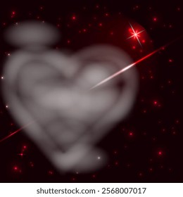 Vector graphics. Abstraction. On a dark background with many stars, a cloud in the shape of a heart pierced by a bright beam.