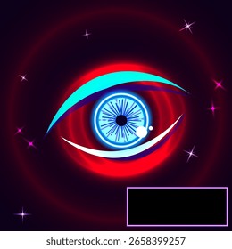 Vector graphics. Abstraction. On a dark background with bright stars a red glowing eye.