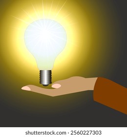 Vector graphics. Abstraction. On the hand there is an electric bulb that glows.