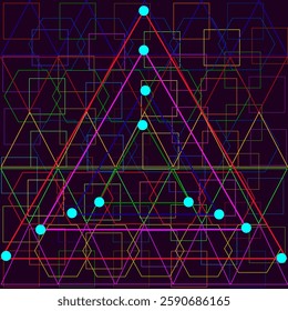 Vector graphics. Abstraction. Science. On a dark background, interweaving of many bright geometric figures and bright dots.