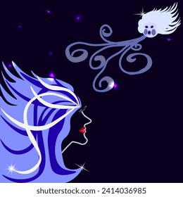 Vector graphics. Abstraction. There is a blowing wind against the background of the starry night sky. Night girl with blue hair fluttering in the wind.