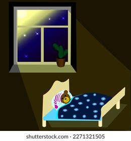 Vector graphics. Abstraction. There is a cactus on the windowsill. The moon and stars shine through the window. On the bed lies a toy bear in a nightcap.