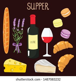 Vector graphics. Adorable, beautiful cartoon set with french food. Wine, cheese, brie cheese, baguette, croissants, macaroons, lavender bouquet. Hand written text.