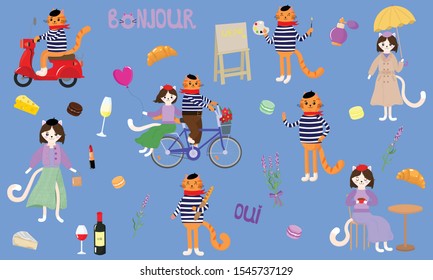 Vector graphics. Adorable big set with french cats, french attributes. Handwritten text. Funny characters. Flat cartoon illustration. Cute, beautiful cats. 