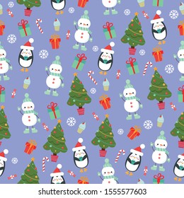 Vector graphics. Adorable, bright festive pattern with penguin, snowman, presents, Christmas tree, cupcakes, candies. Flat cartoon illustration. Funny characters. 