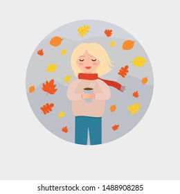 Vector graphics. Adorable, cute illustration of a girl with  coffee cup, yellow leaves. Autumnal illustration. Isolated picture. 