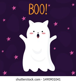 Vector graphics. Adorable, cute illustration of a ghost cat. Hand written text. Holidays cute ghost cartoon character. Halloween cute icon logo. Ghost pattern background. 