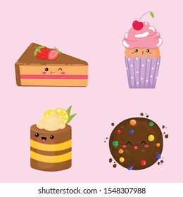 Vector graphics. Adorable, cute illustration of sweet pastries. Funny character with kawaii emoticons. Flat cartoon illustration. 