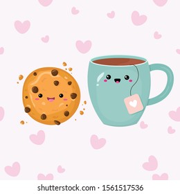 Vector graphics. Adorable, cute illustration of tea cup and cookie. Flat cartoon illustration. Kawaii emoticons. Romantic greeting card template. 