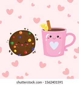 Vector graphics. Adorable, cute illustration of cup and chocolate cookie. Flat cartoon illustration. Kawaii emoticons. Romantic illustration. 