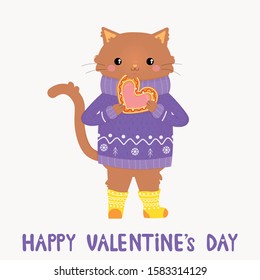 Vector graphics. Adorable, cute illustration of cat, which eats cookie. Handwritten text. Valentine's Day greeting card template. Funny character. 