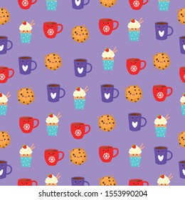 Vector graphics. Adorable, cute pattern with cookies, cupcakes, cups. Bright background. Funny cartoon characters. 
