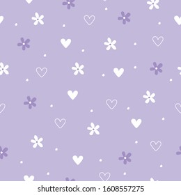 Vector graphics. Adorable, cute pattern with flowers and hearts. Light background. Romantic background template. 