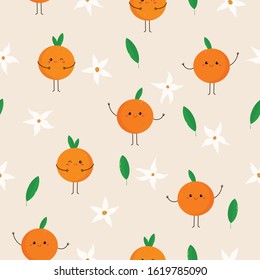 Vector graphics. Adorable, cute pattern with oranges. Funny characters with kawaii emoticons. 