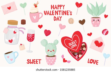 Vector graphics. Adorable, cute set for Valentine's Day. Big romantic, lovely set. Funny characters. Flat cartoon illustration. Handwritten text. 