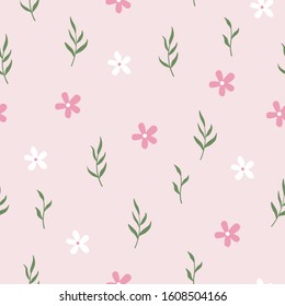 Vector graphics. Adorable, simple floral pattern with flowers and green leaves. Light background. 
