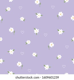 Vector graphics. Adorable, simple pattern with white flowers and hearts. Light floral background.