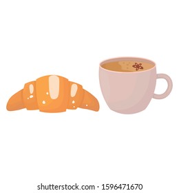 Vector graphics. Adorable, sweet illustration of coffee mug and croissant.  Icons template. 