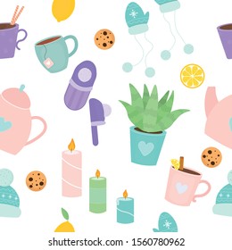 Vector graphics. Adorable, sweet pattern with cute scandinavian lifestyle, cozy objects for home and winter holidays celebration. Light background. Flat cartoon illustration. 