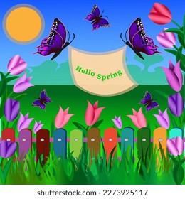 Vector graphics. Against the backdrop of a bright fence, blue sky, blooming tulips, two bright butterflies hold a poster on which it says "hello spring".