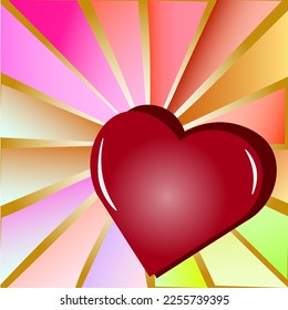 Vector graphics. Against the background of bright multi-colored rays, a red heart with a shadow.