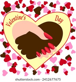 Vector graphics. Against the background of many hearts, two hands - one female with a bright manicure, the second dark - shake hands. It says "Valentine's Day" at the top.