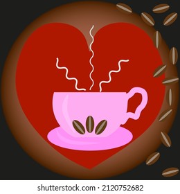 Vector graphics. Against the background of a red heart, a pink cup of hot coffee on a saucer. Coffee beans fall on the side.