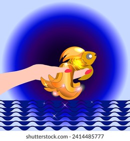Gráficos vectoriales. En el fondo del mar, la mano de una mujer sostiene un pez dorado.