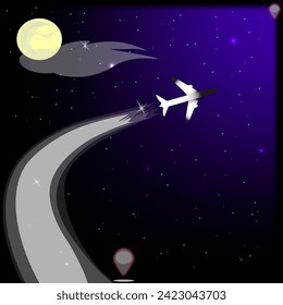 Vector graphics. Against the background of the starry night sky, an airplane flies from point to point, illuminated by the moon.