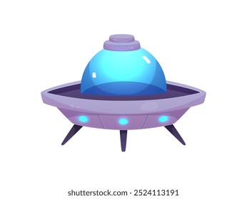 Vector graphics with an alien spaceship with blue lights along the contour on a white background. Advanced space travel technology with futuristic design