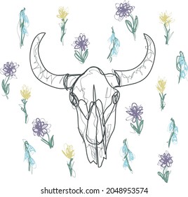 Vector graphics of an animal skull with flowers
