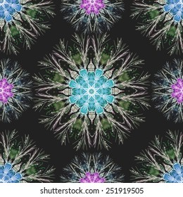Vector graphics, art, Decorative seamless pattern with stylized flowers on a black background in watercolor
