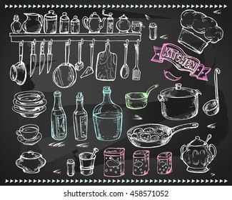 Vector graphics, artistic set of menu design, restaurant, cafe - kitchen utensils. Drawing with chalk on the black board. It can be used for design of advertising, menu shortcuts.