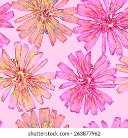 Vector graphics, artistic, stylized image of a seamless pattern watercolor flower chicory on a pink background
