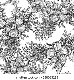Vector graphics, artistic, stylized seamless pattern duotone background with flowers and leaves. Pattern and  background are on separate layers.