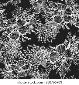 Vector graphics, artistic, stylized seamless pattern duotone background with flowers and leaves. Pattern and  background are on separate layers.  