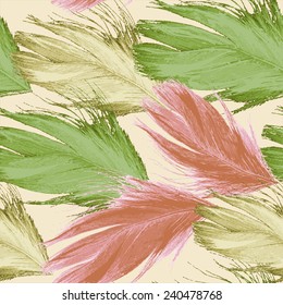 Vector graphics, artistic, stylized seamless pattern  background watercolor with feathers. 