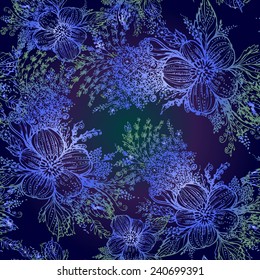 Vector graphics, artistic, stylized seamless pattern  background watercolor with flowers and leaves. Pattern and  background are on separate layers. 