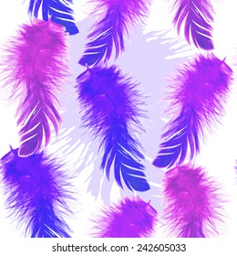 Vector graphics, artistic, stylized seamless pattern  background watercolor with feathers. EPS 8.