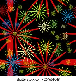 Vector graphics, artistic, stylized  seamless pattern with the image of stars, fireworks on a black background. It can be used for design of postcards, stamps. The original print