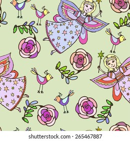 Vector graphics, artistic, stylized  seamless pattern sketch illustration of  fairy with a magic wand with a bird and roses. original print fabric design, wallpaper, packaging