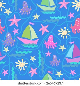 Vector graphics, artistic, stylized  seamless pattern on the theme of the sea with a ship, octopus and sun. original print can be used for fabric design, wallpaper, wrapping papers.