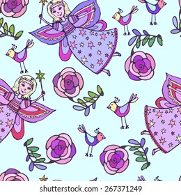 Vector graphics, artistic, stylized  seamless pattern sketch illustration of  fairy with a magic wand with a bird and roses. original print fabric design, wallpaper, packaging