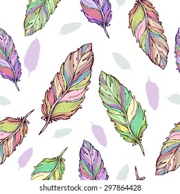 Vector graphics, artistic, stylized seamless pattern  background  with feathers.