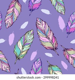 Vector graphics, artistic, stylized seamless pattern  background  with feathers.